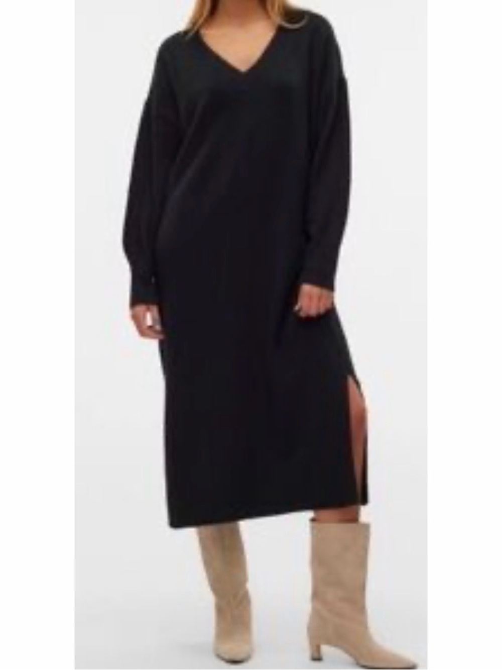 Aritzia Wilfred Cyprie V-Neck Long Sleeve Midi Dress Black